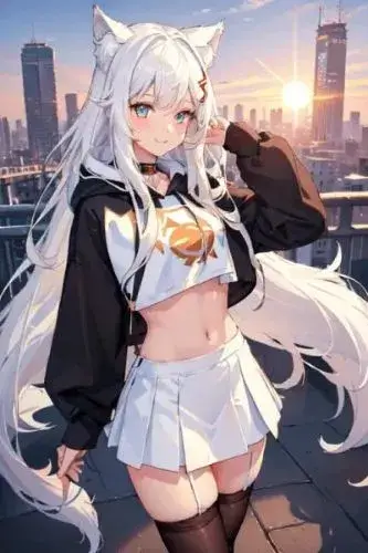 A cat girl with long white hair